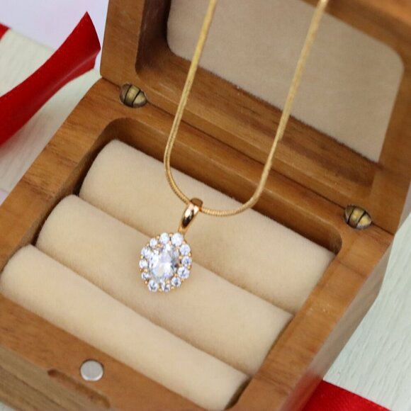 "Oval White Pendant with Halo Design in Gold-Plated Brass Setting, XPPT1812 - Picture 9 of 14